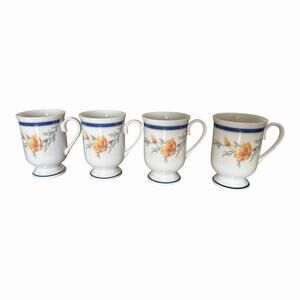 Set of 4 Princess House 4.5” Poppy Flower Footed Mugs Blue Band Porcelain Japan